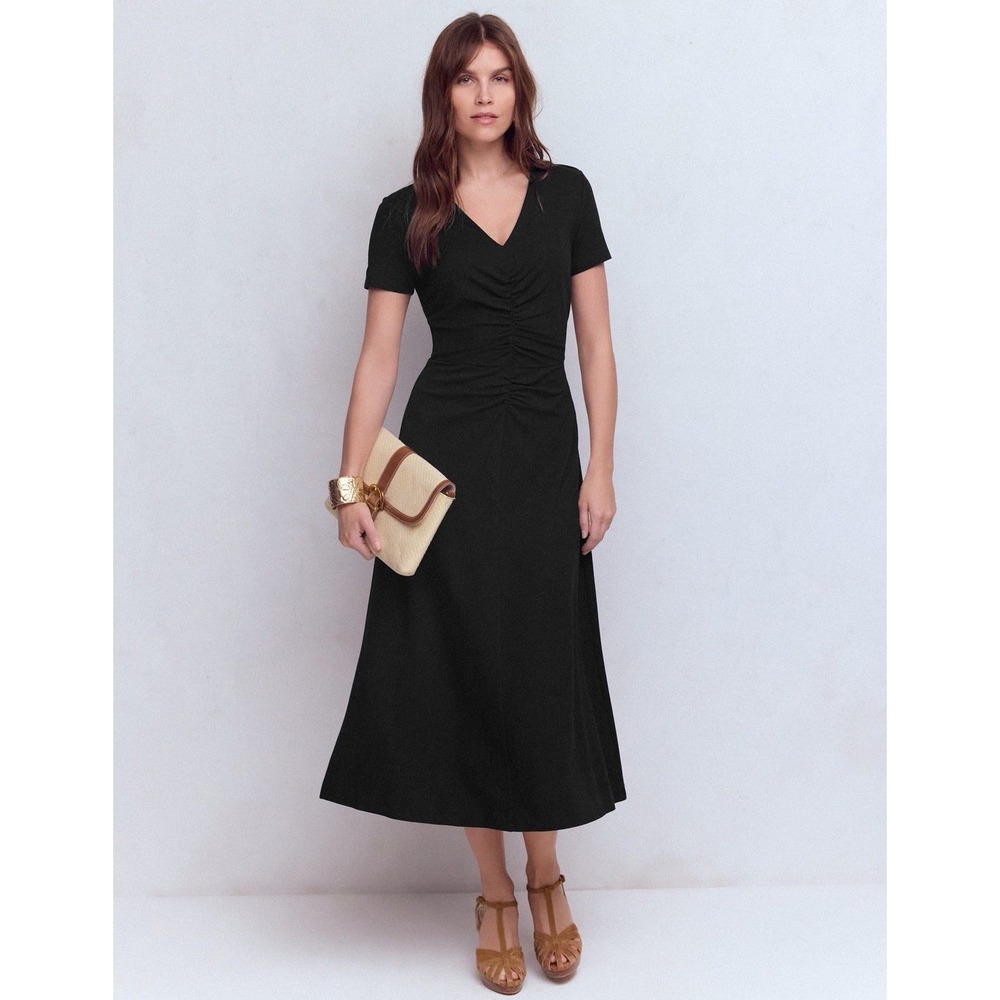 Boden Womens 10 Una Runched Front Ponte Dress Midi Black Minimalist Stretch